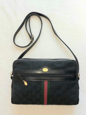 VTG Gucci Black GG Jacquard Woven Textile Sherry Line Crossbody Bag PRISTINE